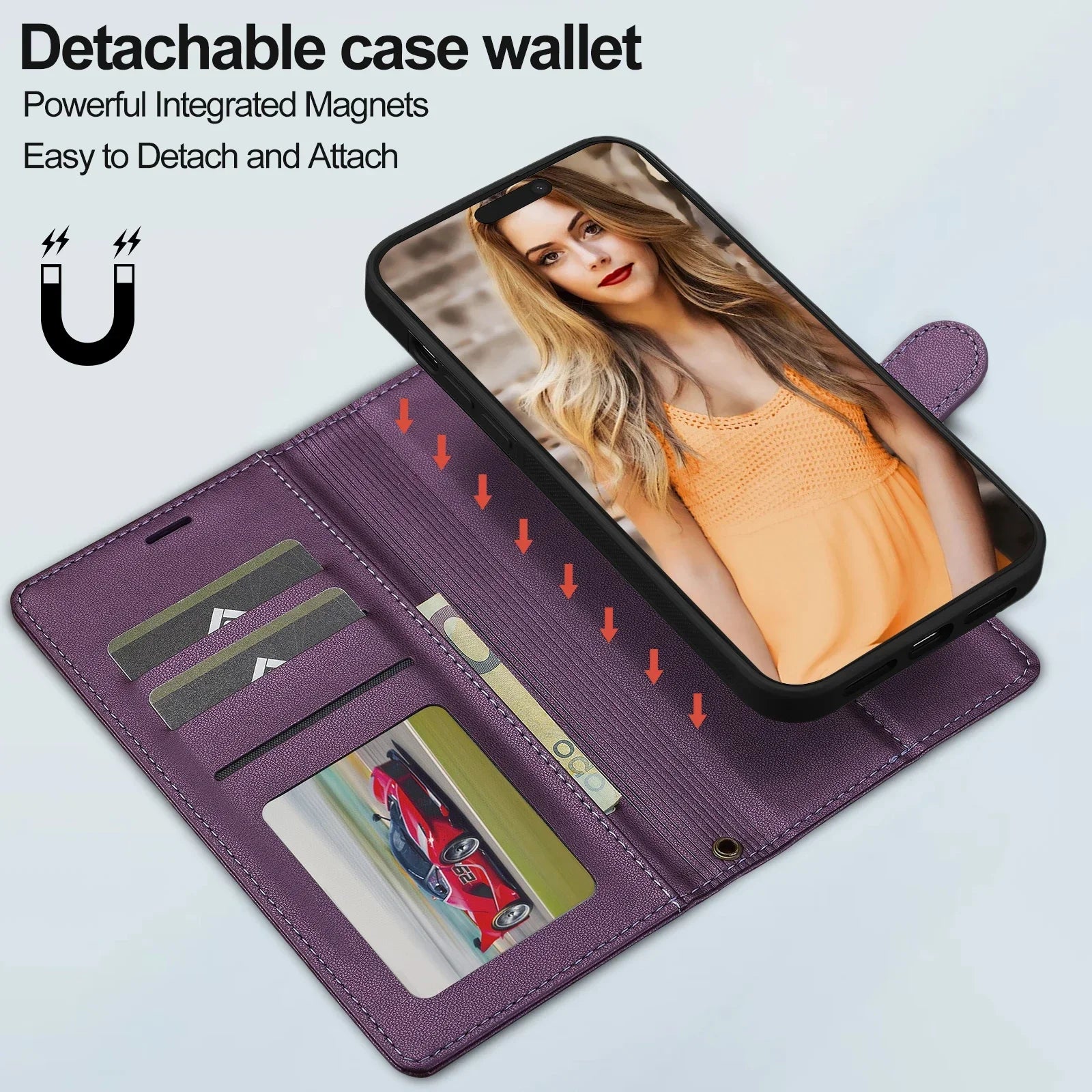2 in 1 Removable Flip Leather Magnetic Wallet Case For iPhone