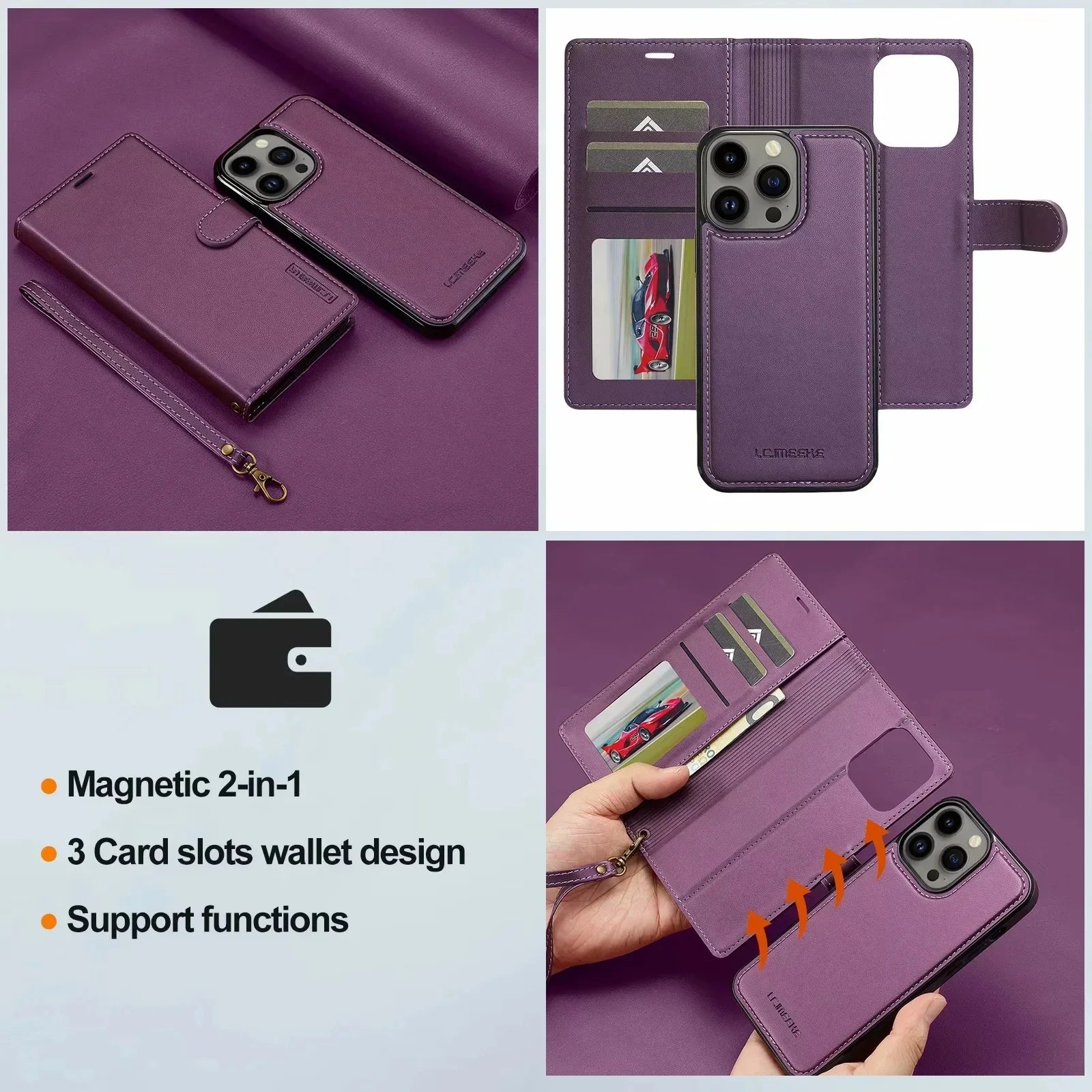 2 in 1 Removable Flip Leather Magnetic Wallet Case For iPhone