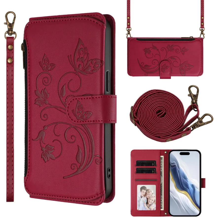 Butterfly Love Flower Embossed Crossbody Wallet Case for Samsung