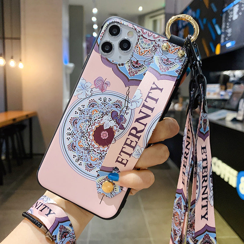 Lanyard Wristband Vintage Embossed Flower Case for iPhone