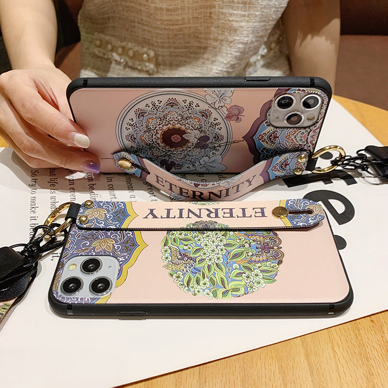 Lanyard Wristband Vintage Embossed Flower Case for iPhone