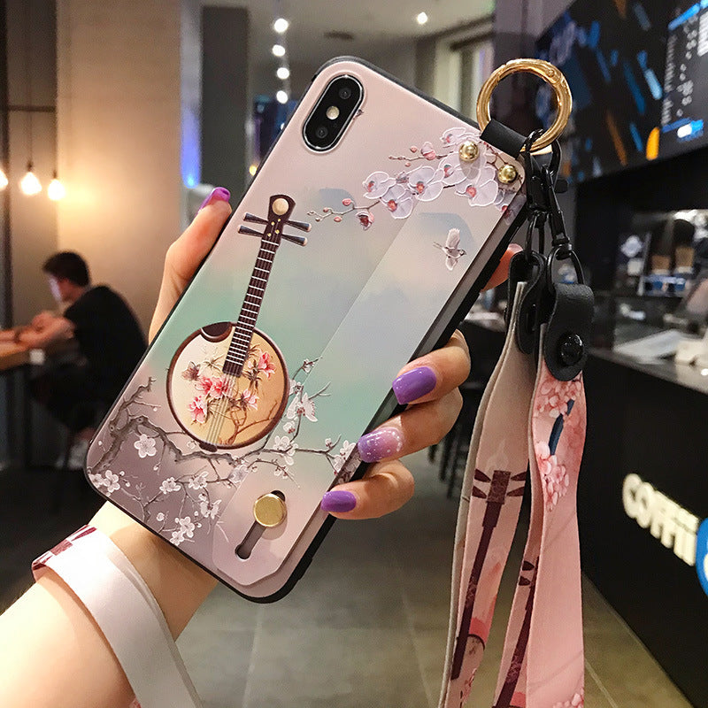 Lanyard Wristband Vintage Embossed Flower Case for iPhone