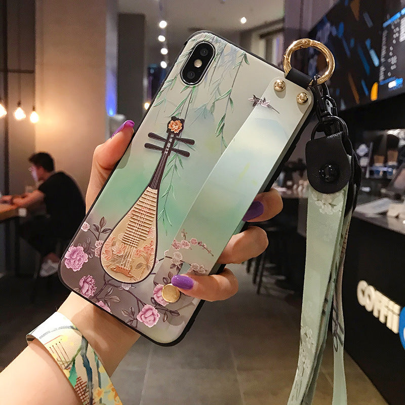 Lanyard Wristband Vintage Embossed Flower Case for iPhone