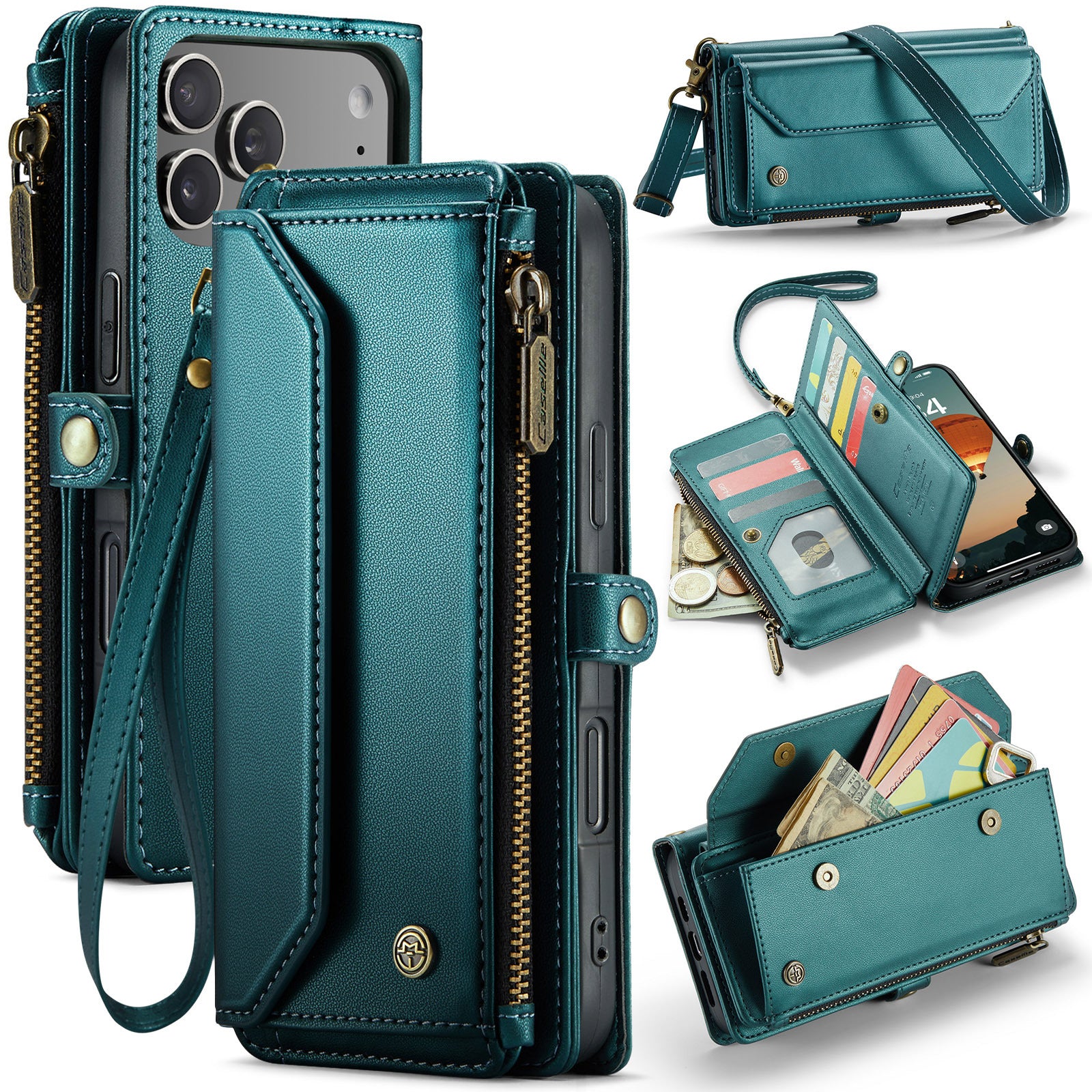 RFID Lanyard Leather Zip Wallet Card Case For iiPhone