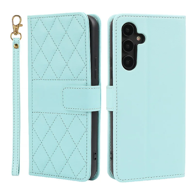 Lanyard Flip Checkered Leather Wallet Case For Samsung