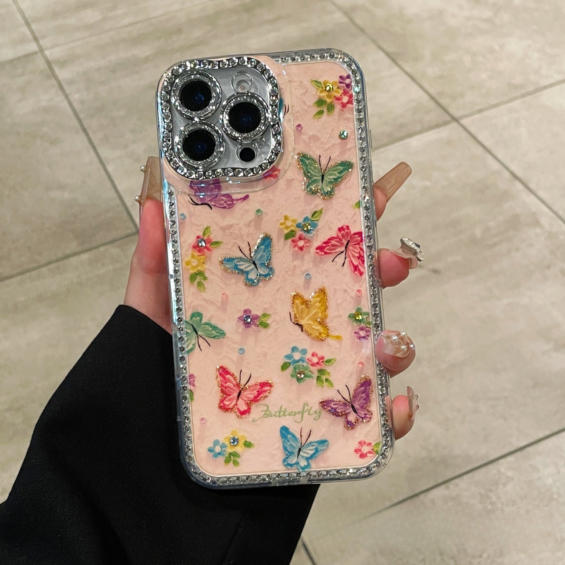 Oil painting style rhinestone butterfly case for iPhone