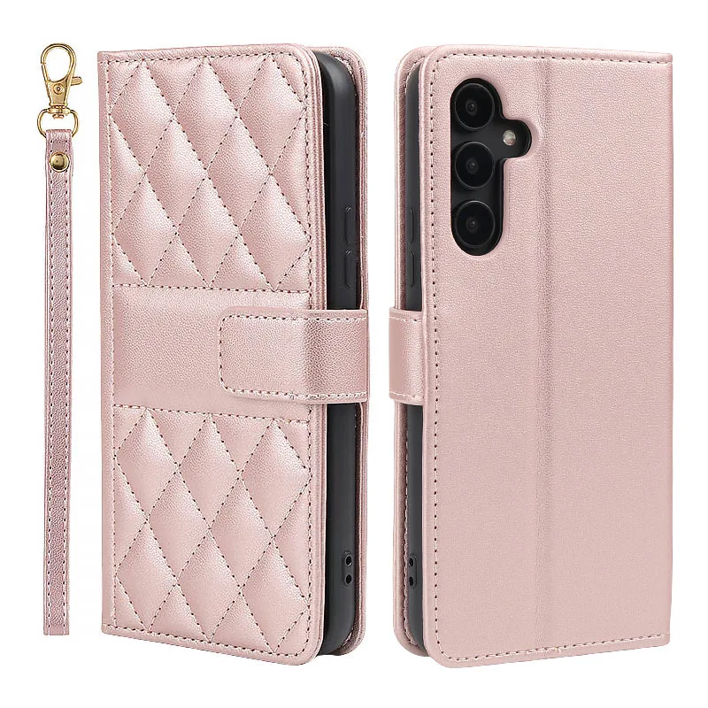 Lanyard Flip Checkered Leather Wallet Case For Samsung