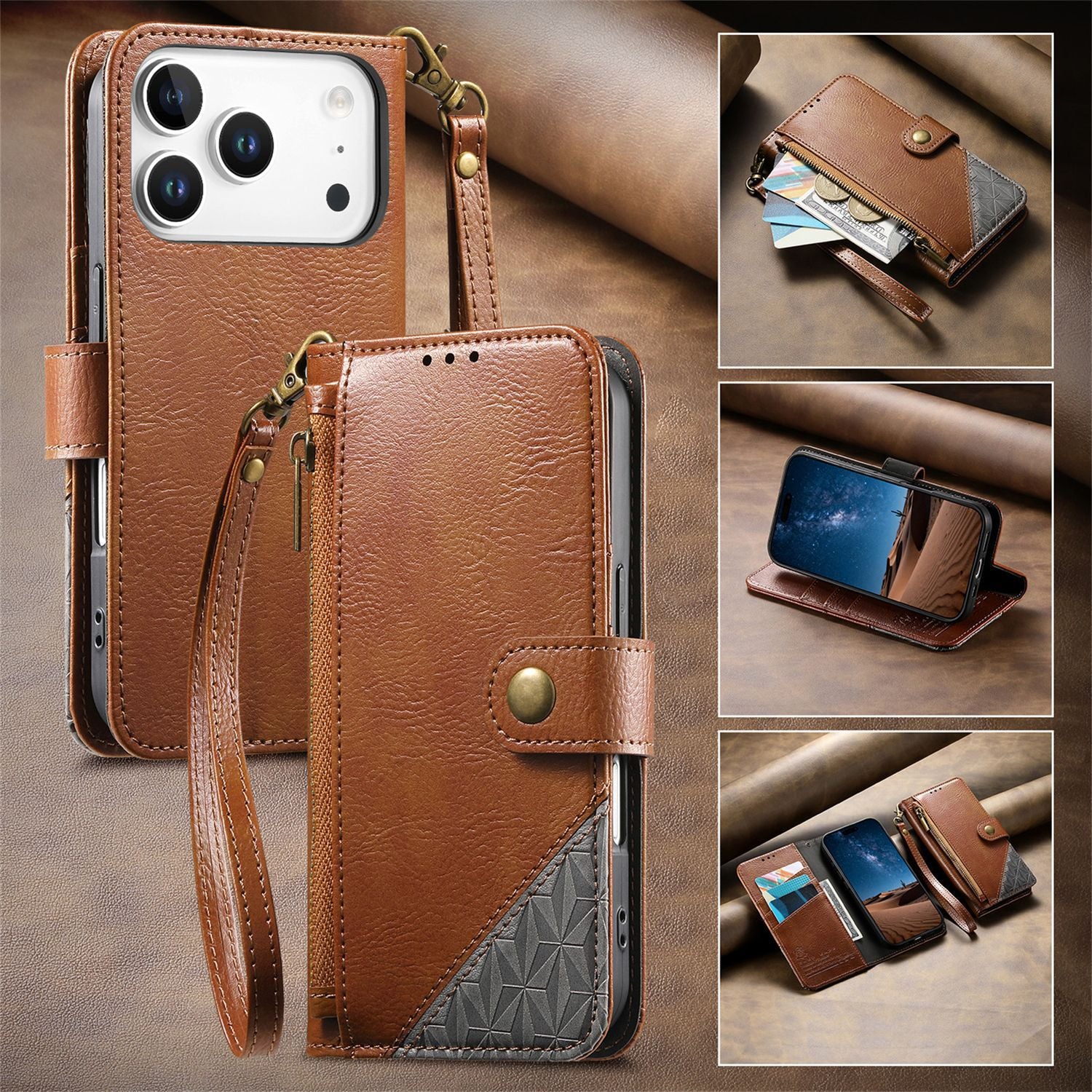 Flip Leather Wrist Strap Card Slots Wallet Case for IPhone