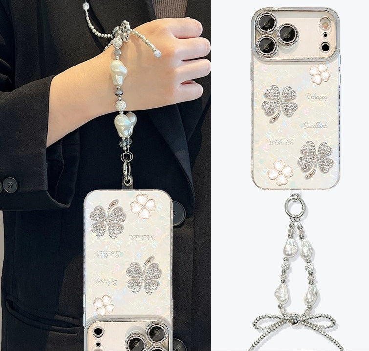 Rhinestone Four-Leaf Clover Chain Case for iPhone