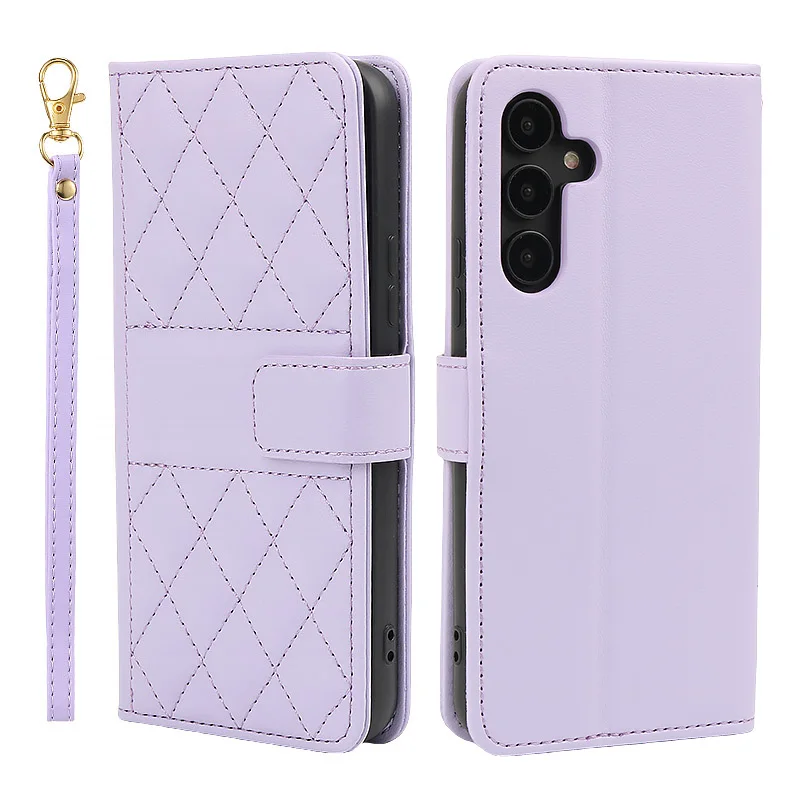 Lanyard Flip Checkered Leather Wallet Case For Samsung