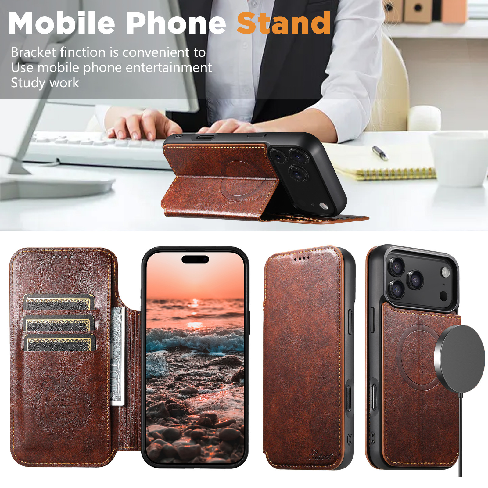 Wireless Charging Flip Card Holder  Leather  Case For iPhone