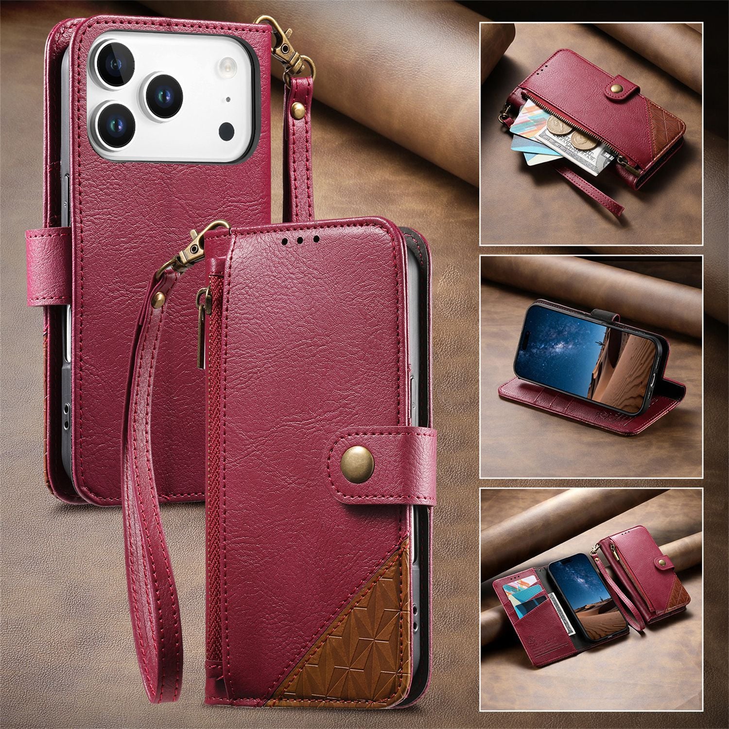 Flip Leather Wrist Strap Card Slots Wallet Case for IPhone
