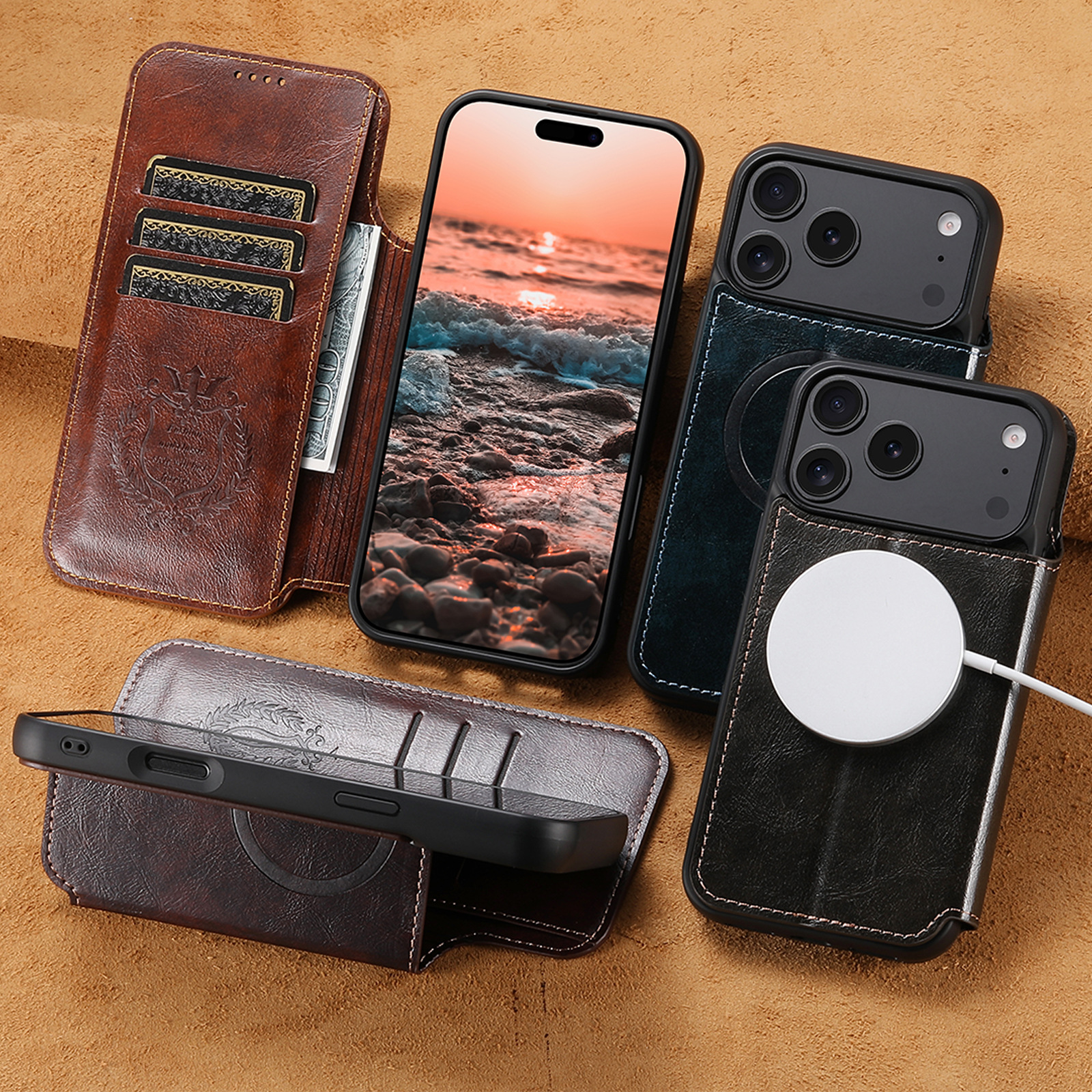 Wireless Charging Flip Card Holder  Leather  Case For iPhone