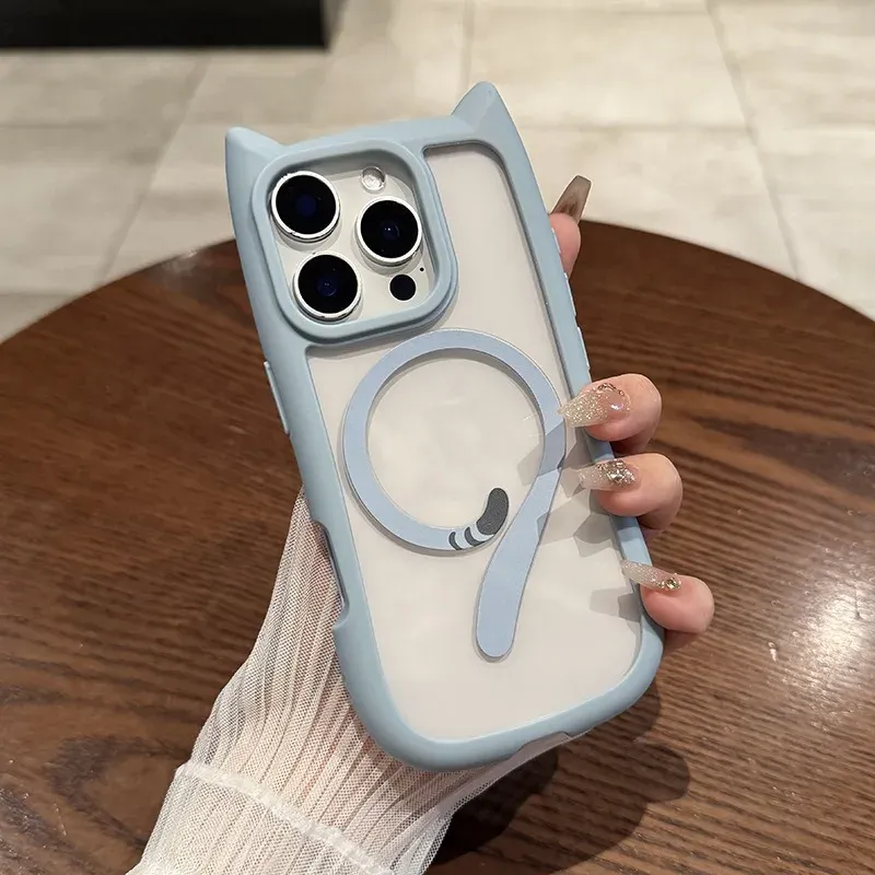 Cute Cat Ear Cat Tail Magsafe Shockproof Hard Case For iPhone