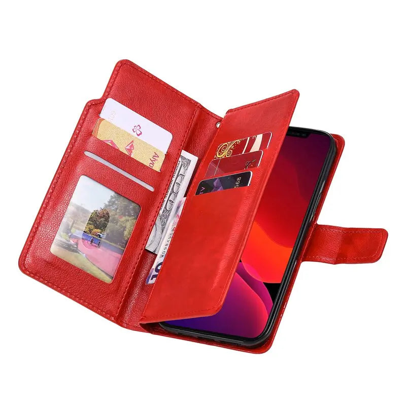 9 Card Slots Double Layer Wallet Flip Cover Case for iPhone