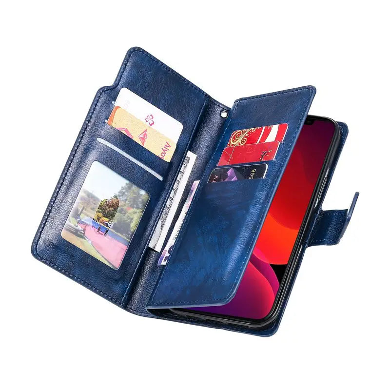 9 Card Slots Double Layer Wallet Flip Cover Case for iPhone