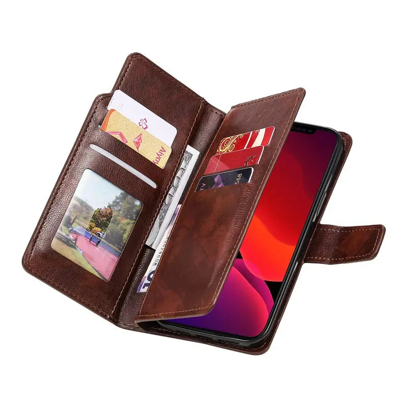 9 Card Slots Double Layer Wallet Flip Cover Case for iPhone