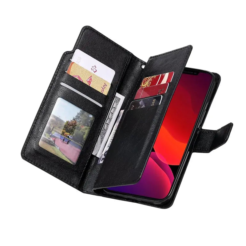 9 Card Slots Double Layer Wallet Flip Cover Case for iPhone