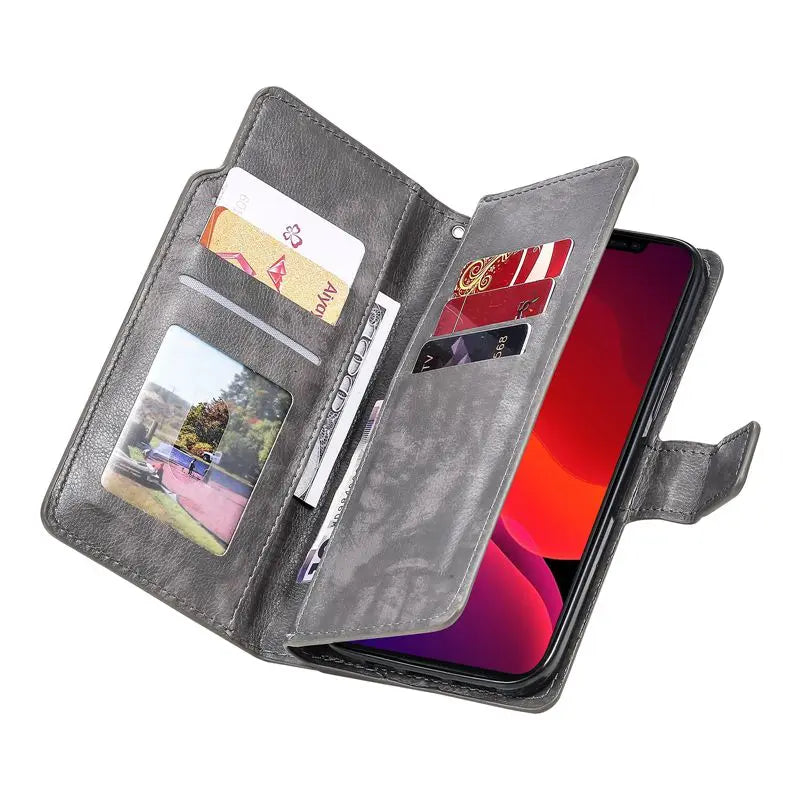 9 Card Slots Double Layer Wallet Flip Cover Case for iPhone