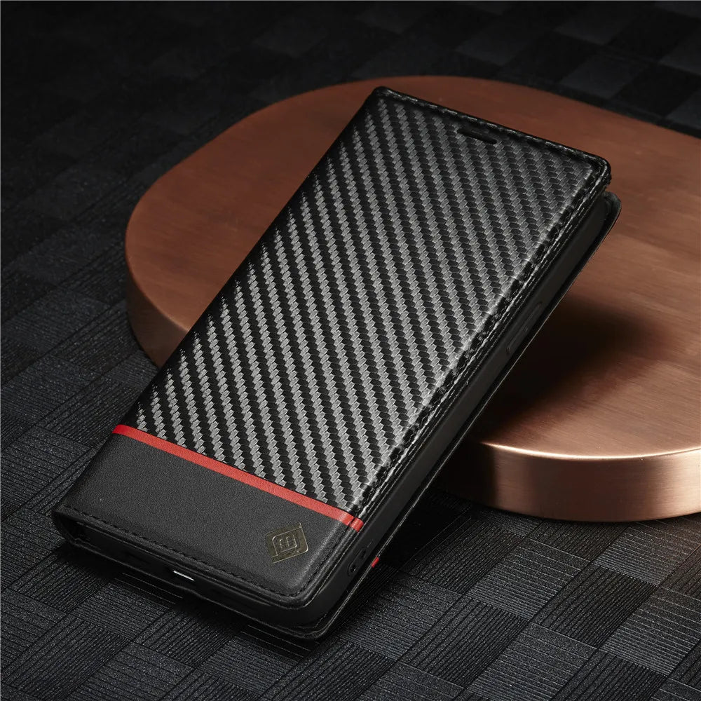 Carbon Fiber Leather Wallet Card Slot Flip Case for iPhone