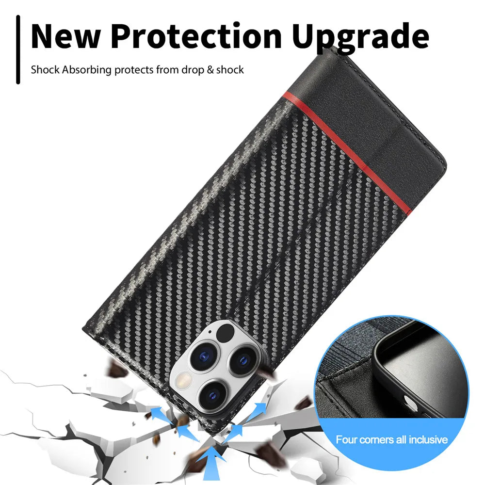 Carbon Fiber Leather Wallet Card Slot Flip Case for iPhone