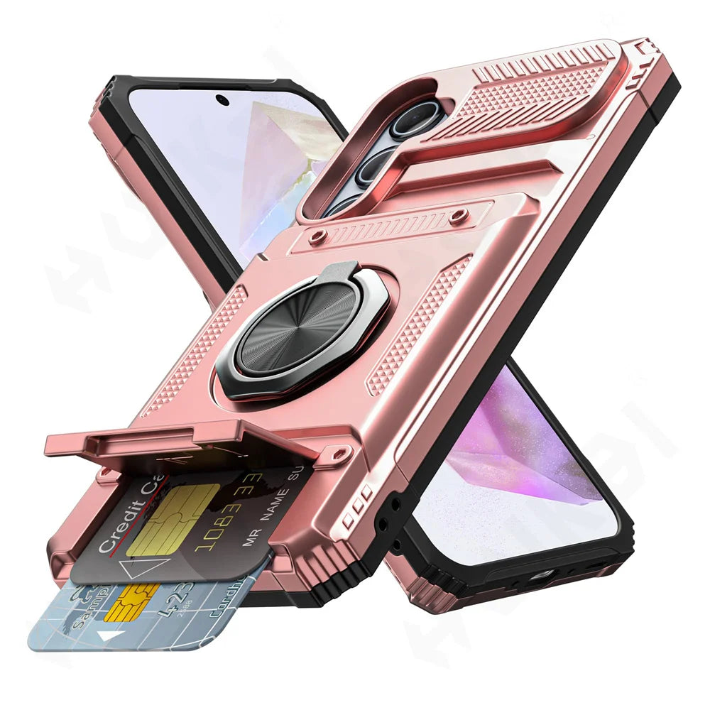 Magnetic Rotating Ring Kickstand Heavy Drop Wallet Case For Samsung