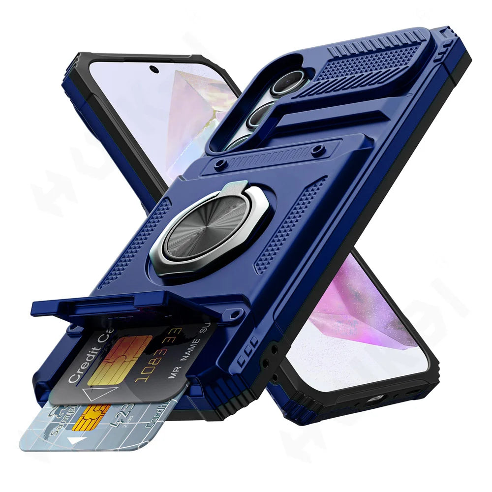 Magnetic Rotating Ring Kickstand Heavy Drop Wallet Case For Samsung