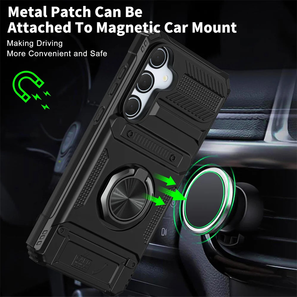 Magnetic Rotating Ring Kickstand Heavy Drop Wallet Case For Samsung