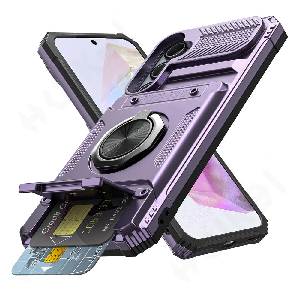 Magnetic Rotating Ring Kickstand Heavy Drop Wallet Case For Samsung
