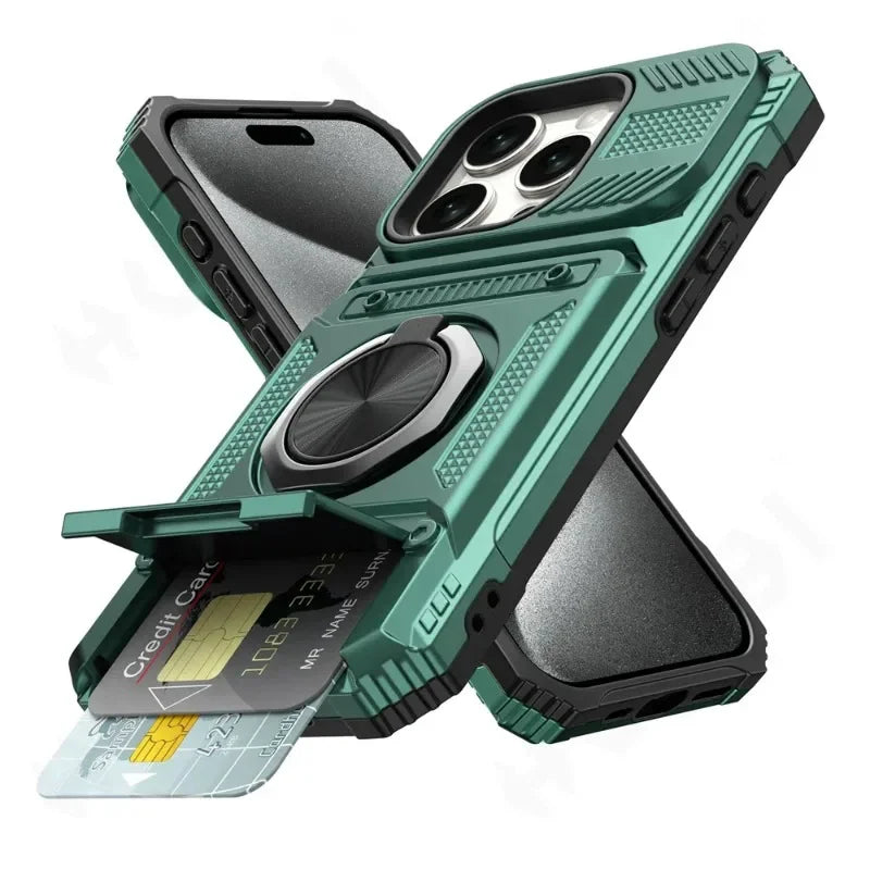 Magnetic Rotated Ring Kickstand Heavy Duty Drop  Wallet Cover  For iPhone