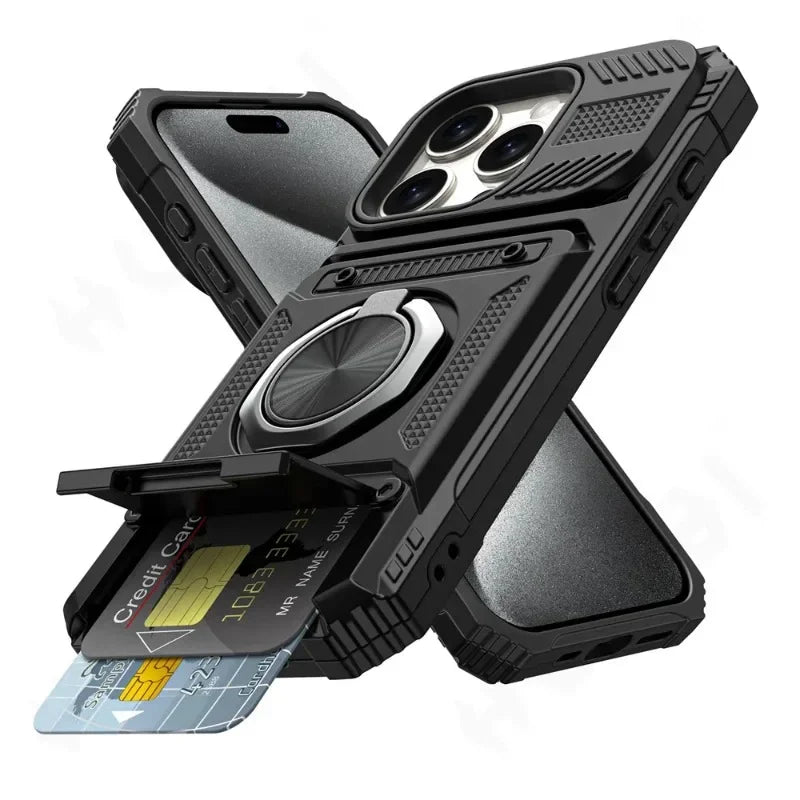 Magnetic Rotated Ring Kickstand Heavy Duty Drop  Wallet Cover  For iPhone