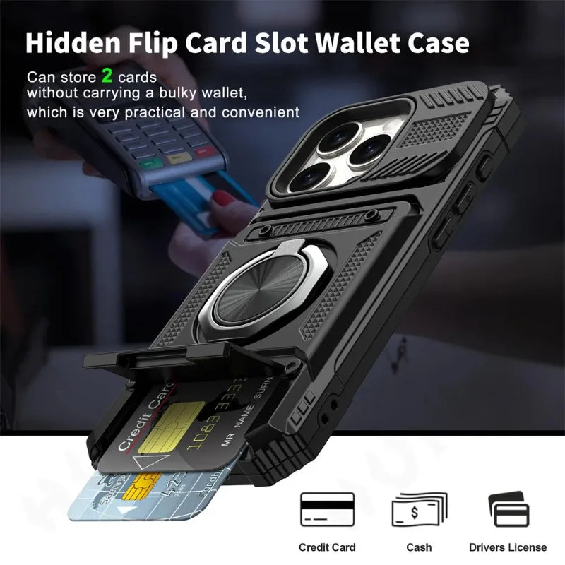 Magnetic Rotated Ring Kickstand Heavy Duty Drop  Wallet Cover  For iPhone