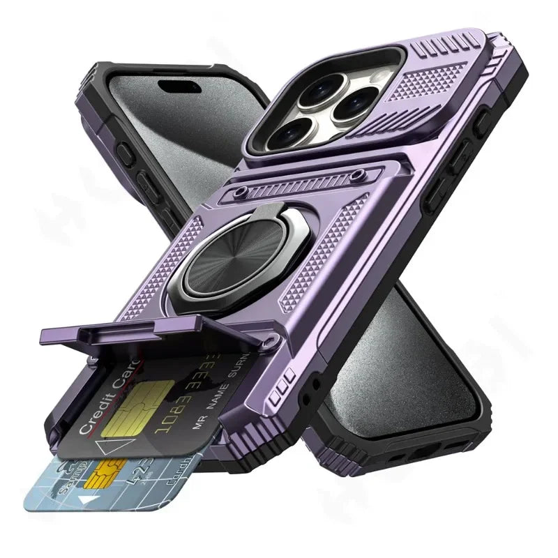 Magnetic Rotated Ring Kickstand Heavy Duty Drop  Wallet Cover  For iPhone