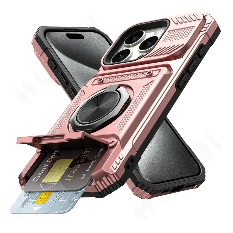 Magnetic Rotated Ring Kickstand Heavy Duty Drop  Wallet Cover  For iPhone