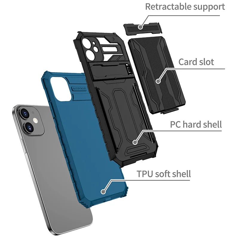 Card Holder KickStand Camera Protection Shockproof Case for iPhone