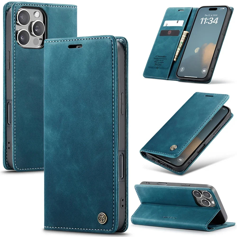 Case for iPhone 16 15 14 13 12 11 Pro Max Leather Kickstand Card Holder Pocket Stand Flip Magnetic Stand Flip Full Phone Cover