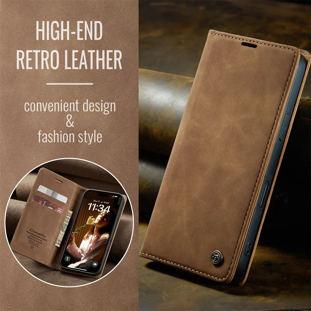 Case for iPhone 16 15 14 13 12 11 Pro Max Leather Kickstand Card Holder Pocket Stand Flip Magnetic Stand Flip Full Phone Cover