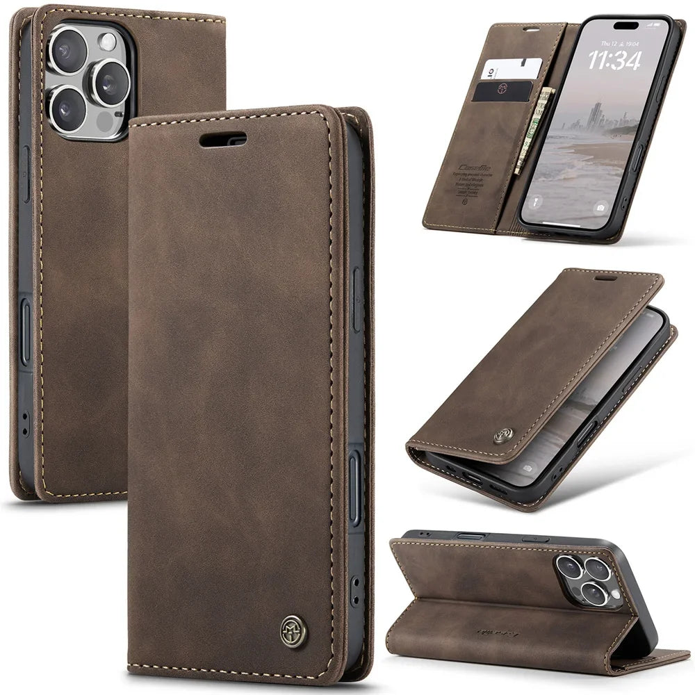 Case for iPhone 16 15 14 13 12 11 Pro Max Leather Kickstand Card Holder Pocket Stand Flip Magnetic Stand Flip Full Phone Cover