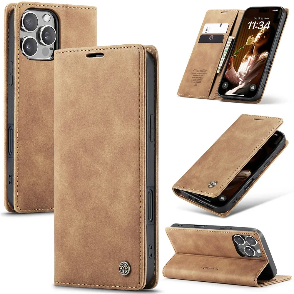 Case for iPhone 16 15 14 13 12 11 Pro Max Leather Kickstand Card Holder Pocket Stand Flip Magnetic Stand Flip Full Phone Cover