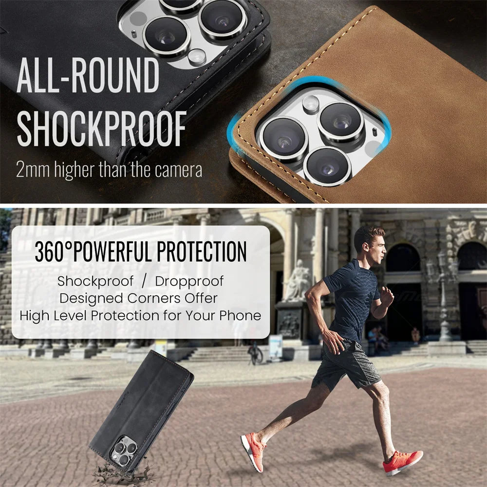 Case for iPhone 16 15 14 13 12 11 Pro Max Leather Kickstand Card Holder Pocket Stand Flip Magnetic Stand Flip Full Phone Cover