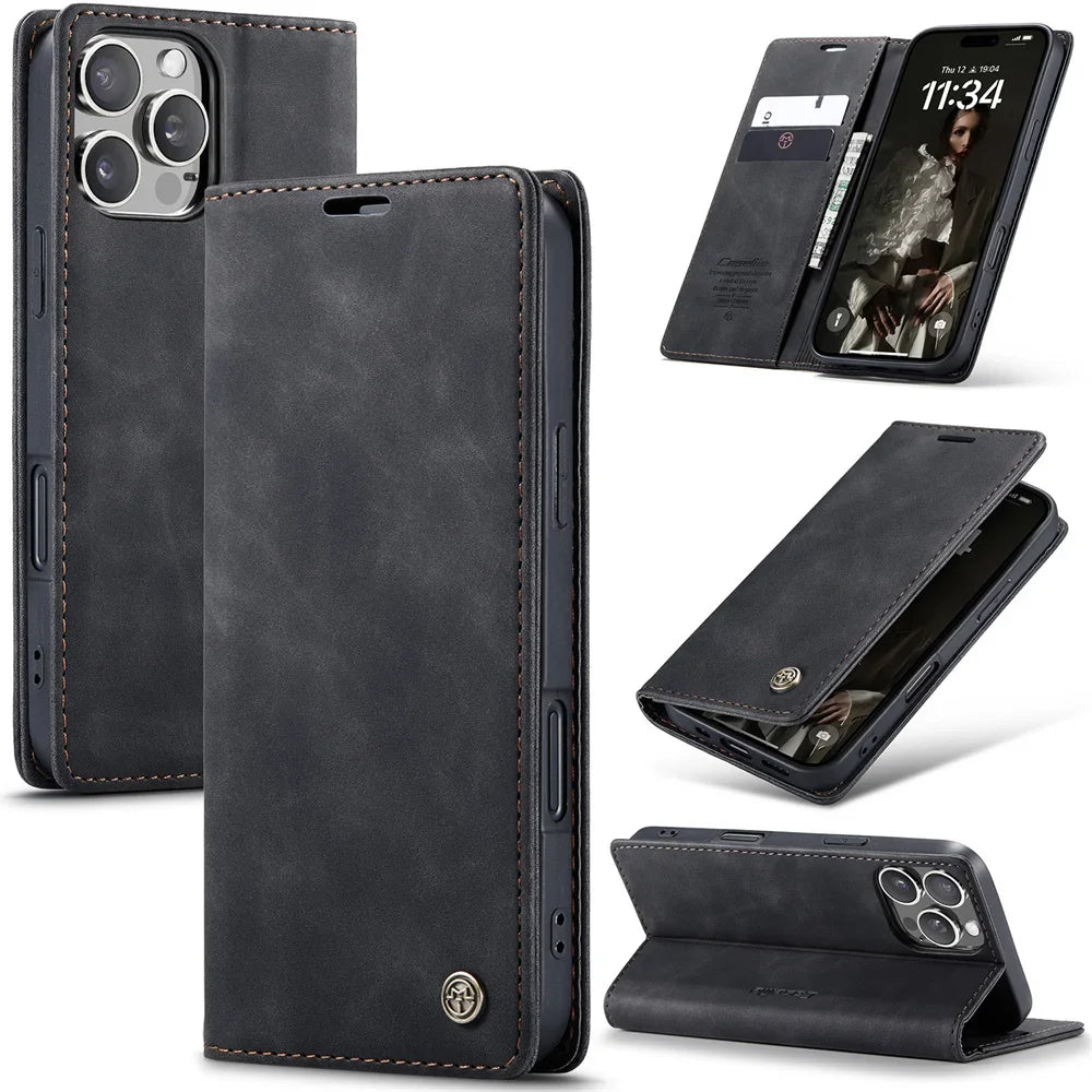 Case for iPhone 16 15 14 13 12 11 Pro Max Leather Kickstand Card Holder Pocket Stand Flip Magnetic Stand Flip Full Phone Cover
