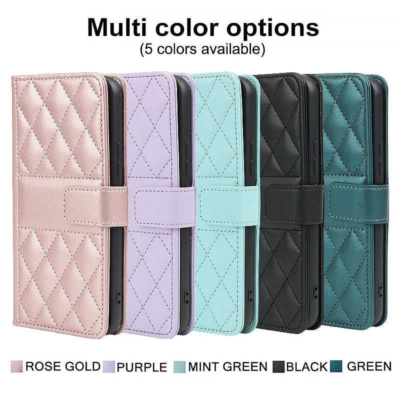 Lanyard Flip Checkered Leather Wallet Case For Samsung