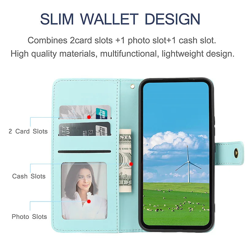 Lanyard Flip Checkered Leather Wallet Case For Samsung