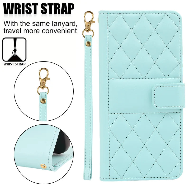 Lanyard Flip Checkered Leather Wallet Case For Samsung