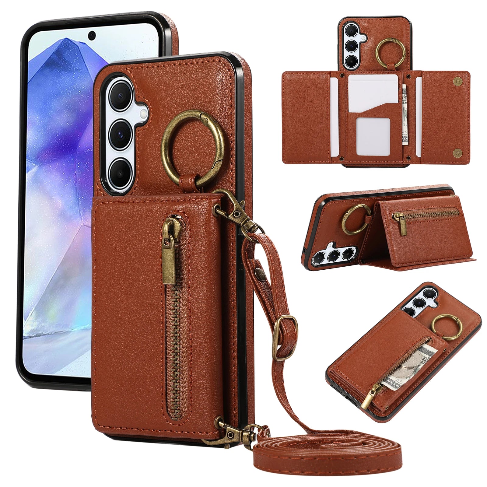 Crossbody Trifold Card Holder Wallet Leather Case for Samsung