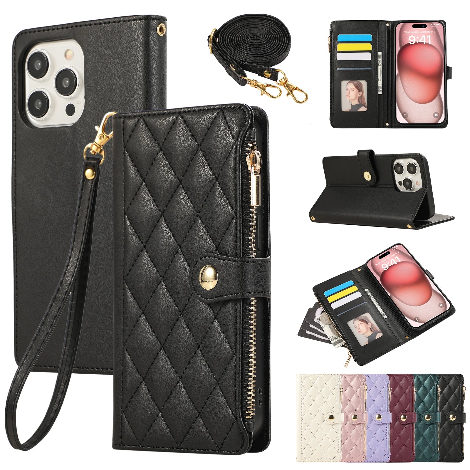 Crossbody Zipper Cards Solt Wallet Leather Case For iPhone 