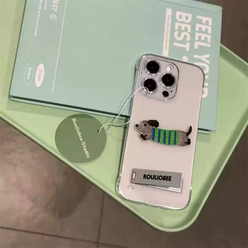 Cute Cartoon Embroidery Transparent Metal Holder Case For iPhone