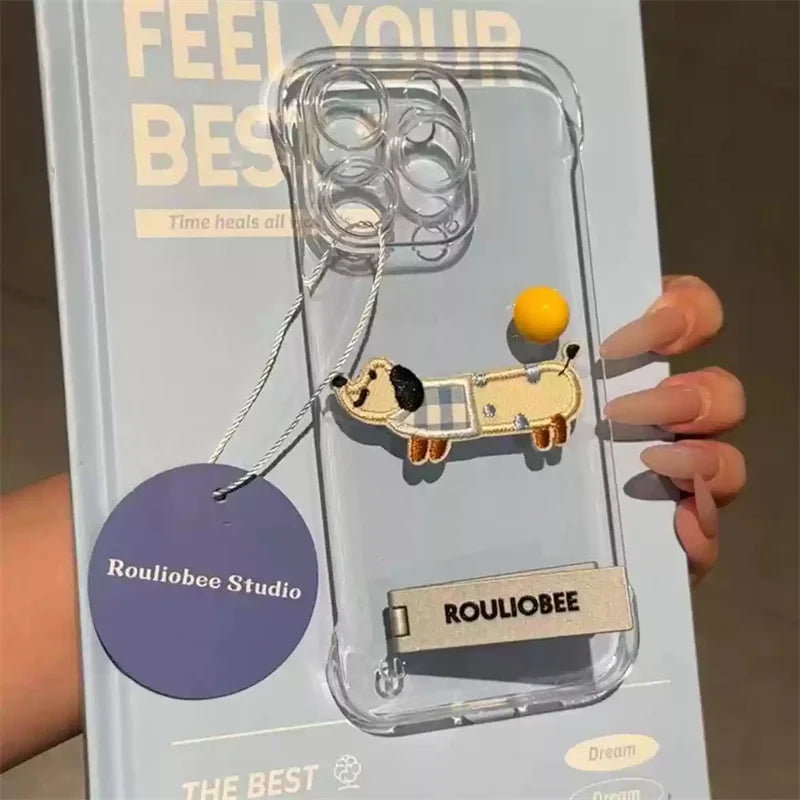 Cute Cartoon Embroidery Transparent Metal Holder Case For iPhone