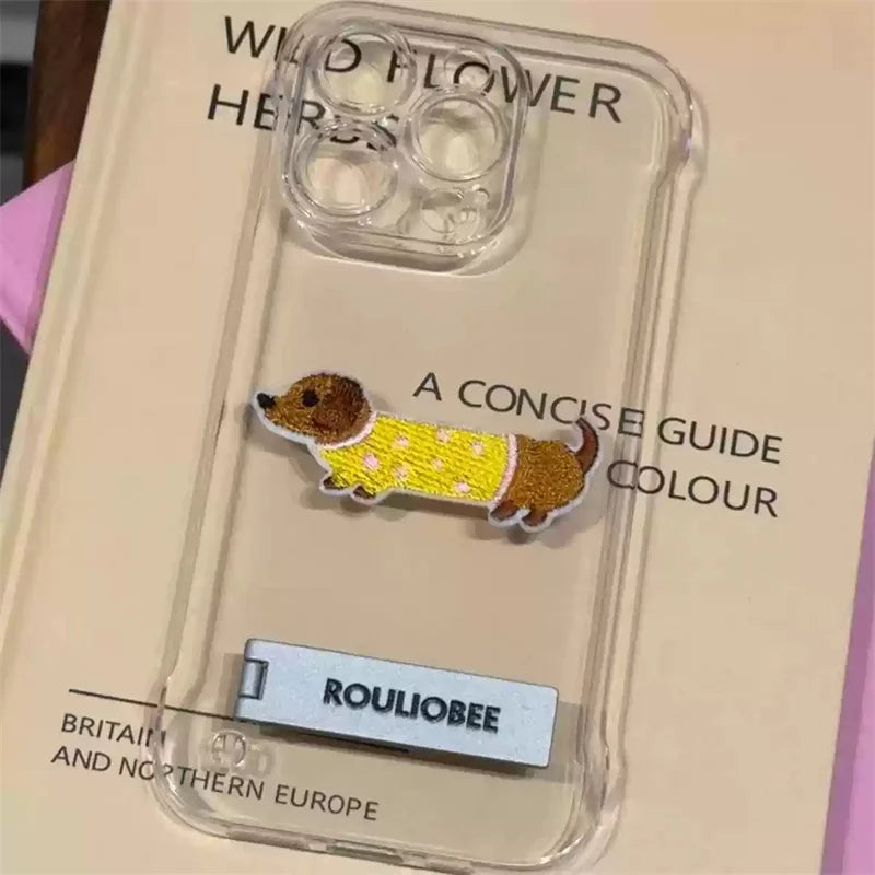 Cute Cartoon Embroidery Transparent Metal Holder Case For iPhone