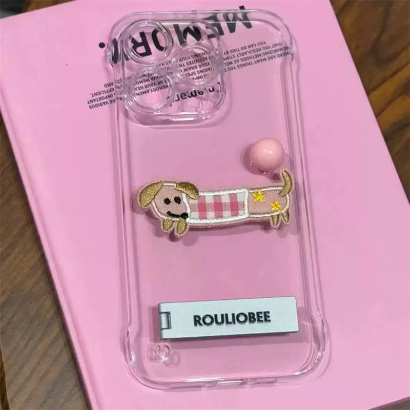 Cute Cartoon Embroidery Transparent Metal Holder Case For iPhone